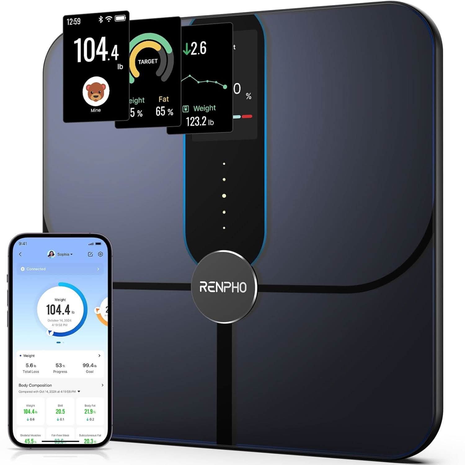Fitlybuy Elis Nova smart scale, black, with digital display and smartphone app showing health metrics and body composition.