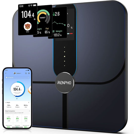 Fitlybuy Elis Nova smart scale, black, with digital display and smartphone app showing health metrics and body composition.