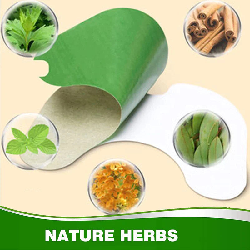 Fitlybuy herbal knee patch, partially peeled green adhesive, surrounded by natural herb icons. Text reads: NATURE HERBS.