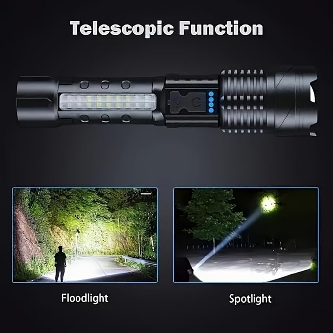 Black Fitlybuy LED flashlight with side COB light and zoomable beam shown in flood and spotlight night modes.