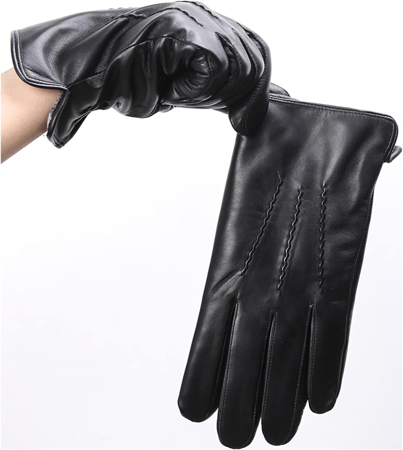 Black Fitlybuy RippleWarm sheepskin winter gloves with decorative wavy stitching, showcasing premium leather texture.