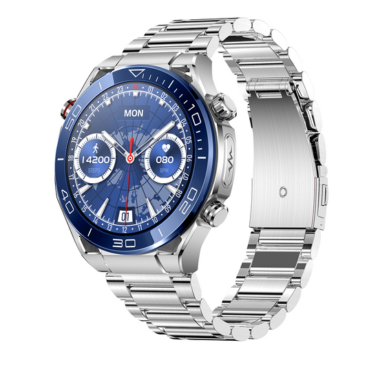 Silver Fitlybuy Kexi-Life Max 1 smartwatch with blue face, ECG, heart rate, and step tracking on a metal link band.