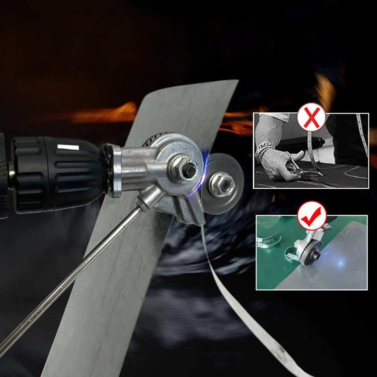 Fitlybuy silver electric drill plate cutter attachment cutting a metal sheet with a comparison inset showing usage.
