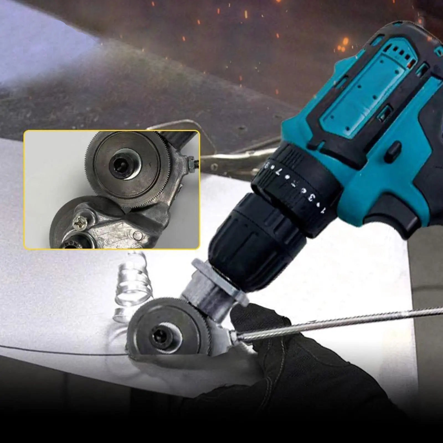 Fitlybuy electric drill plate cutter attachment cutting thin sheet metal with precision dual gear cutting wheels.