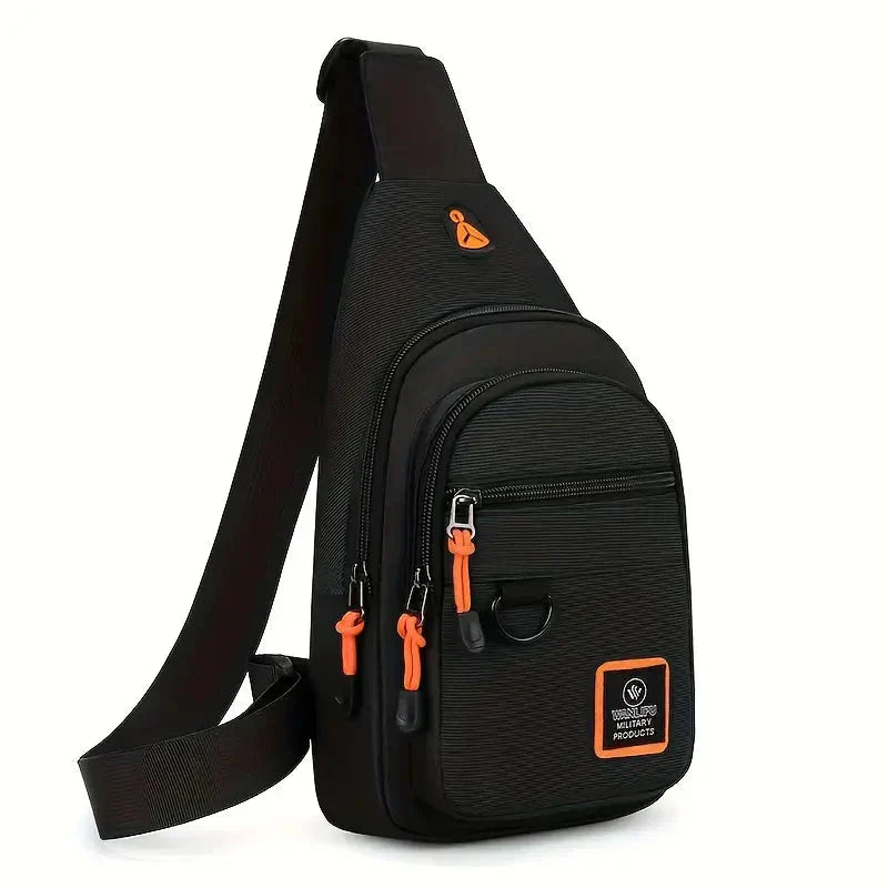 Black Fitlybuy UrbanTrail waterproof crossbody bag with orange accents, multiple zippered pockets, and a shoulder strap.