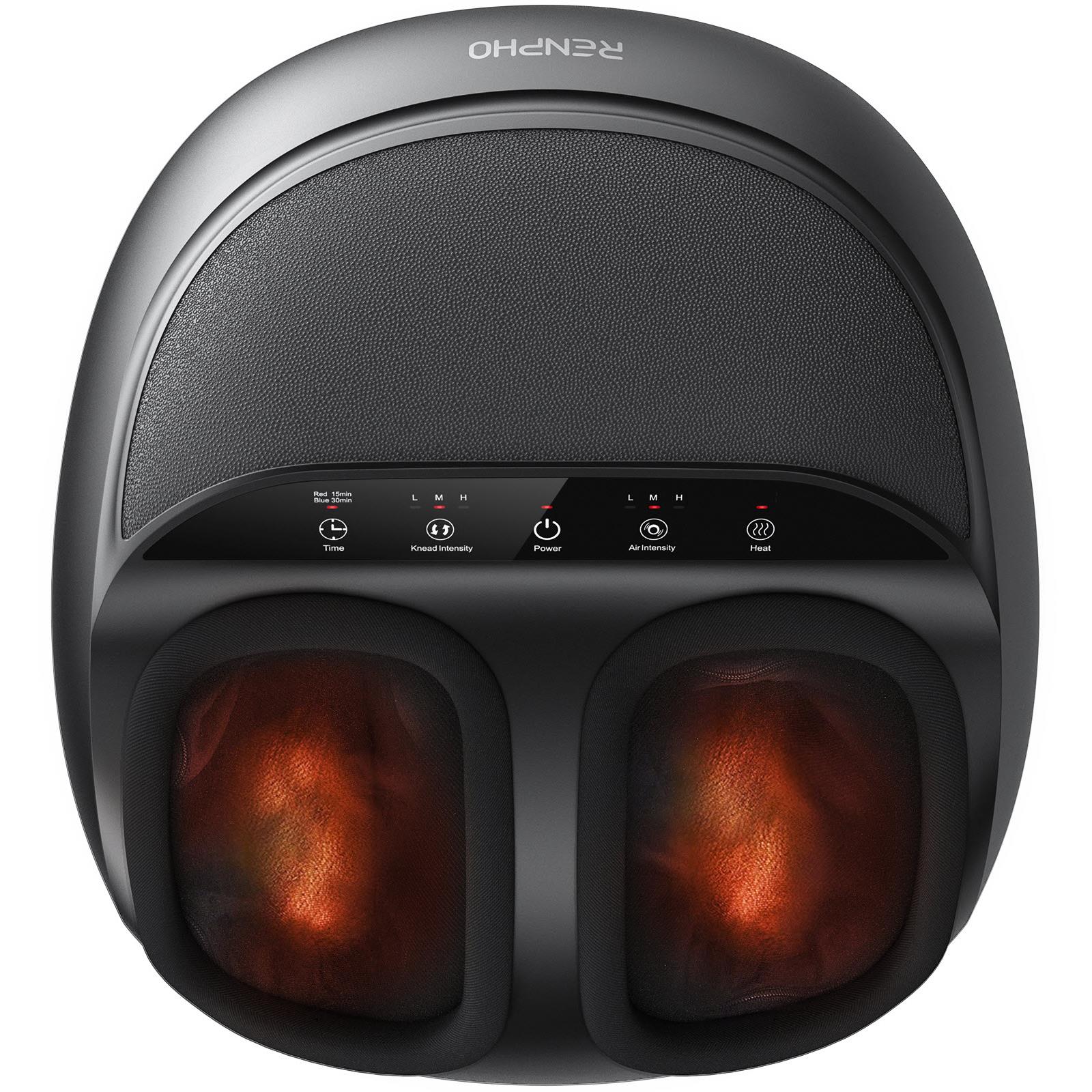 Top-down view of a grey Fitlybuy Shiatsu foot massager with glowing orange heat zones and touch control panel.