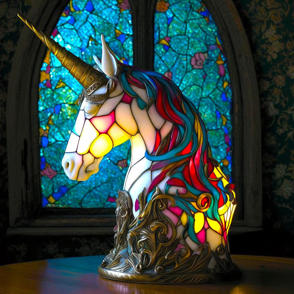 Fitlybuy multicolored stained-glass unicorn lamp with a gold horn, set against a blue stained-glass window background.