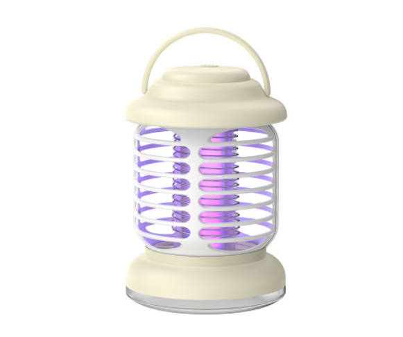 Cream-colored Fitlybuy portable mosquito bug zapper lantern with protective white cage and glowing purple UV light.