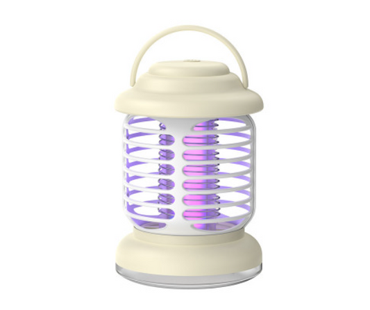 Cream-colored Fitlybuy portable mosquito bug zapper lantern with protective white cage and glowing purple UV light.