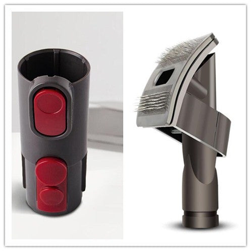 Fitlybuy vacuum grooming brush attachment with grey plastic housing, red release buttons, and metal wire bristles.