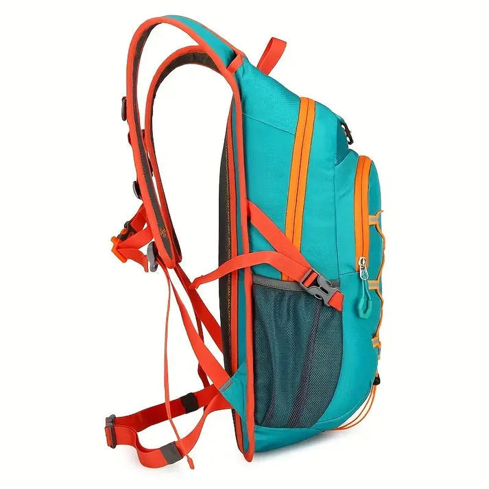 Side view of a teal and orange Fitlybuy waterproof bike backpack with adjustable straps and a mesh side pocket.