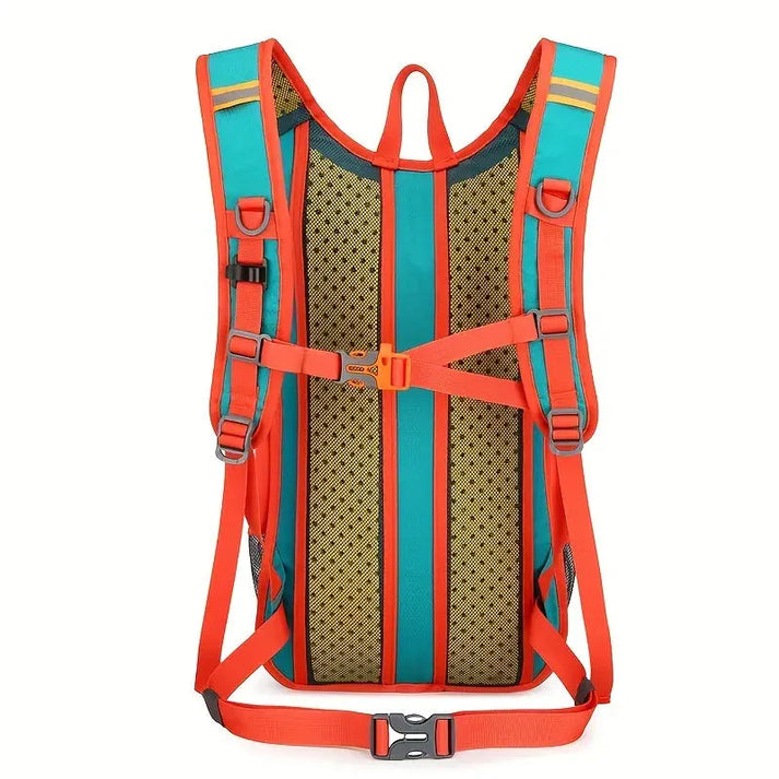 Teal and orange waterproof bike backpack featuring a ventilated mesh back panel and secure chest and waist straps.