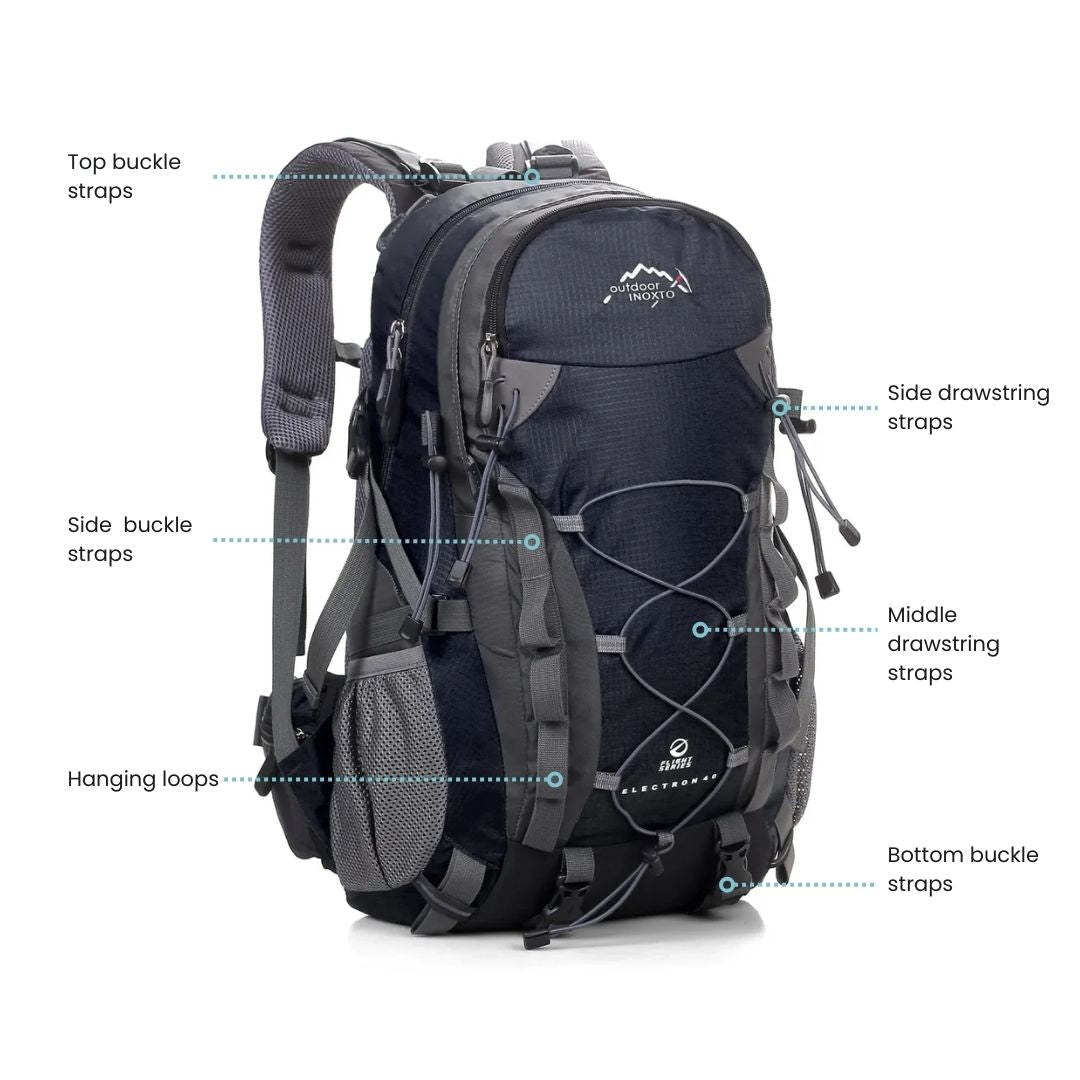 Fitlybuy trekking backpack in black and grey with annotated straps, buckles, and hanging loops for outdoor use.