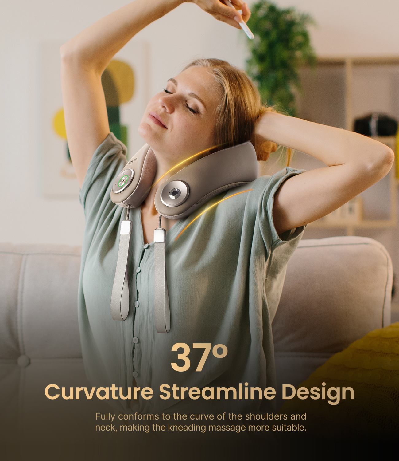 Woman relaxing on a sofa using a taupe Fitlybuy U-neck massager with heat therapy and ergonomic curved design.