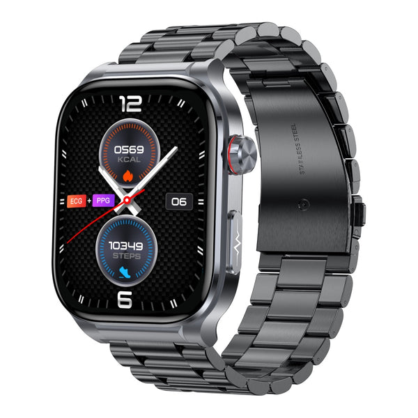 Fitlybuy Kexi-Life Pro 9 flagship smartwatch with a dark metal band, ECG/PPG health tracking, and digital face.