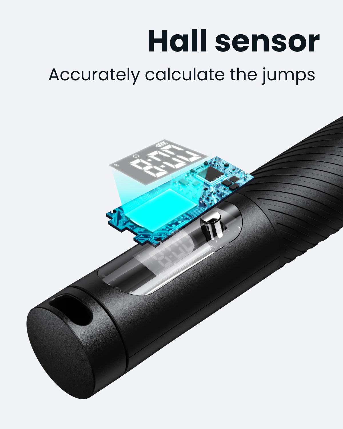 Fitlybuy smart jump rope handle in black with a hovering digital display and internal circuit board showing Hall sensor.