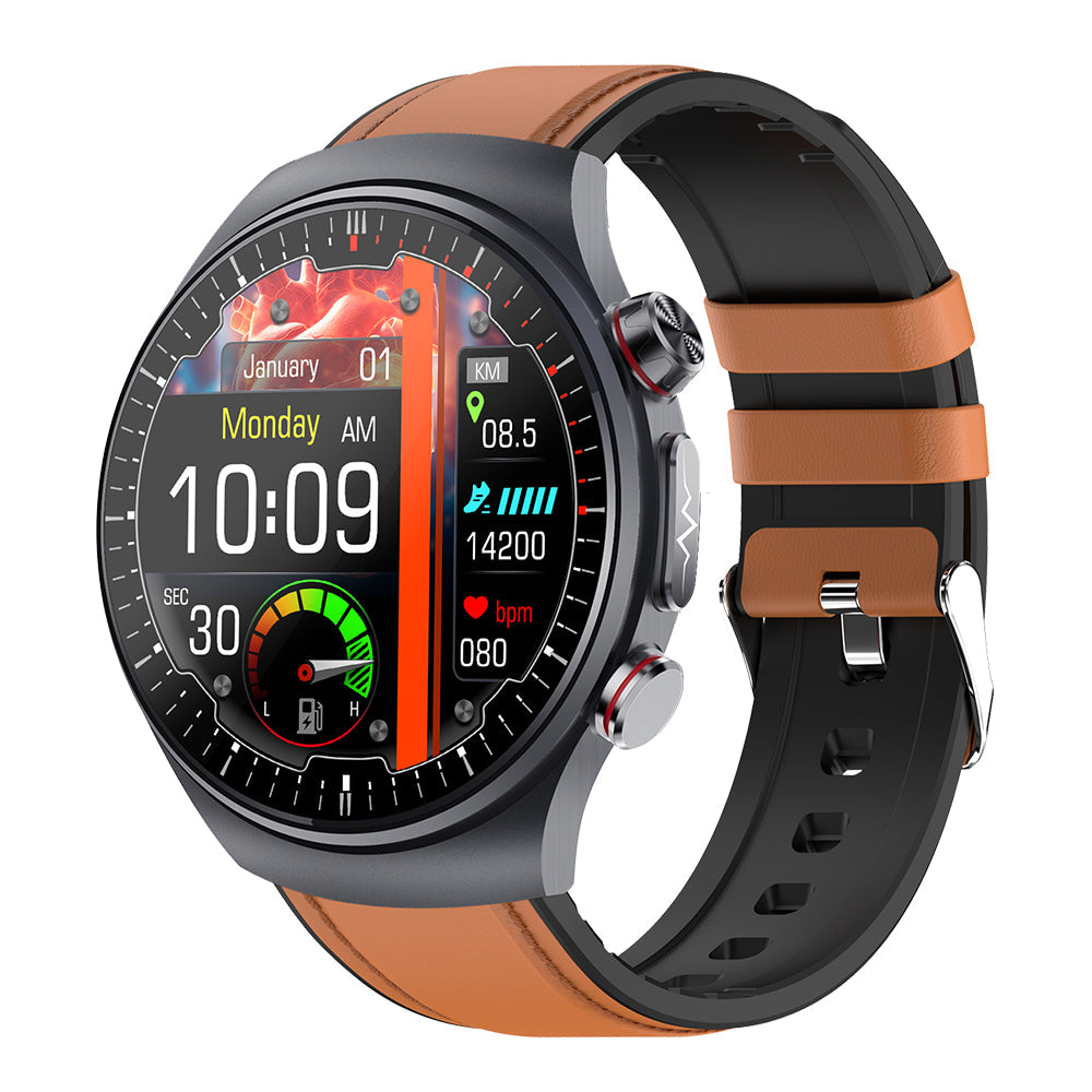 Fitlybuy Kexi-Life Pro 10 smartwatch: black circular case, dual-tone tan/black strap, digital health tracking display.