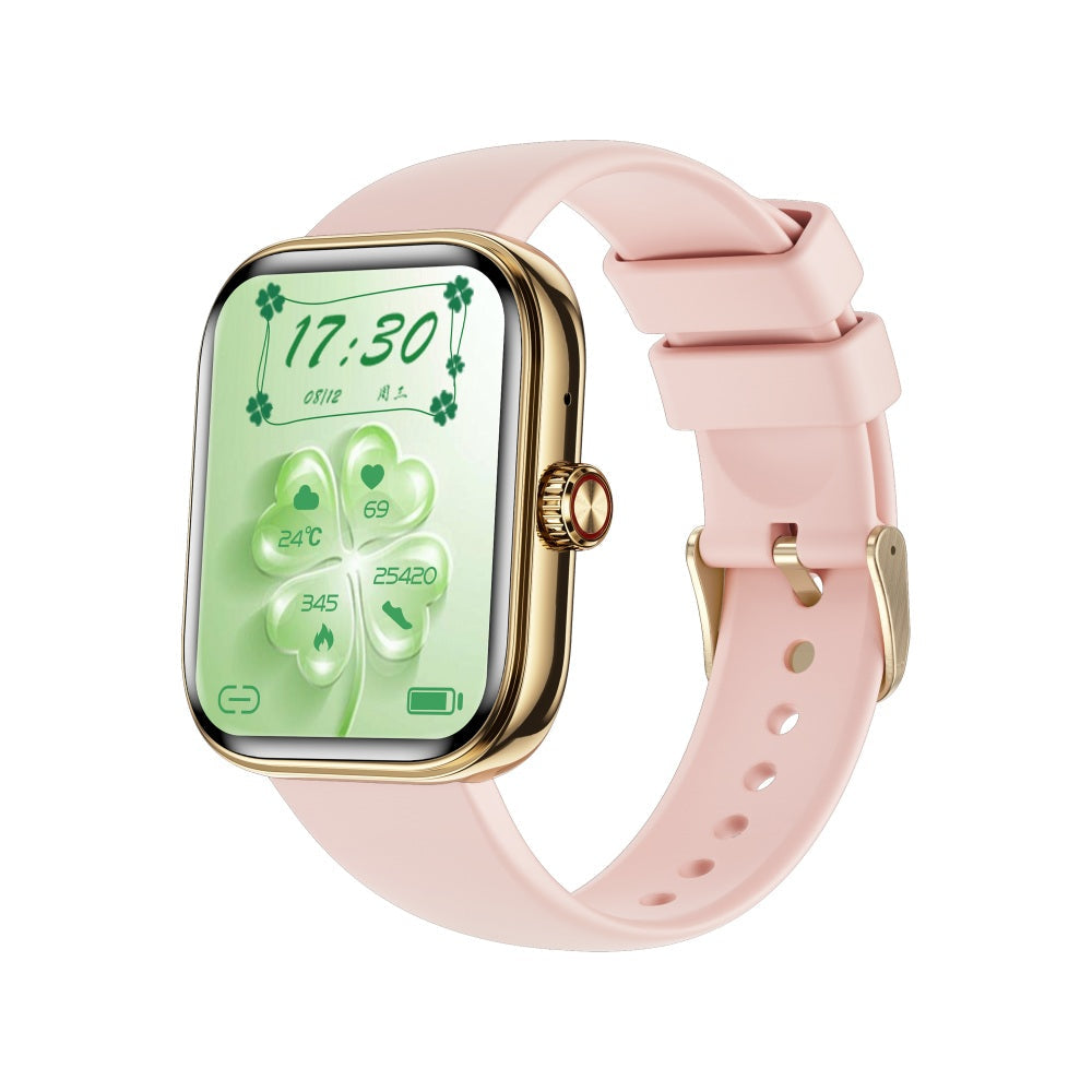 Fitlybuy Kexi-Life gold smartwatch with pink silicone strap and green clover-themed health tracking display.