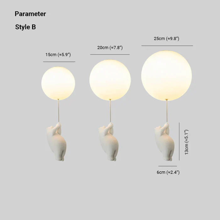 Fitlybuy CloudBear kids' ceiling lights featuring white bear figures holding glowing balloon LED pendants in three sizes.