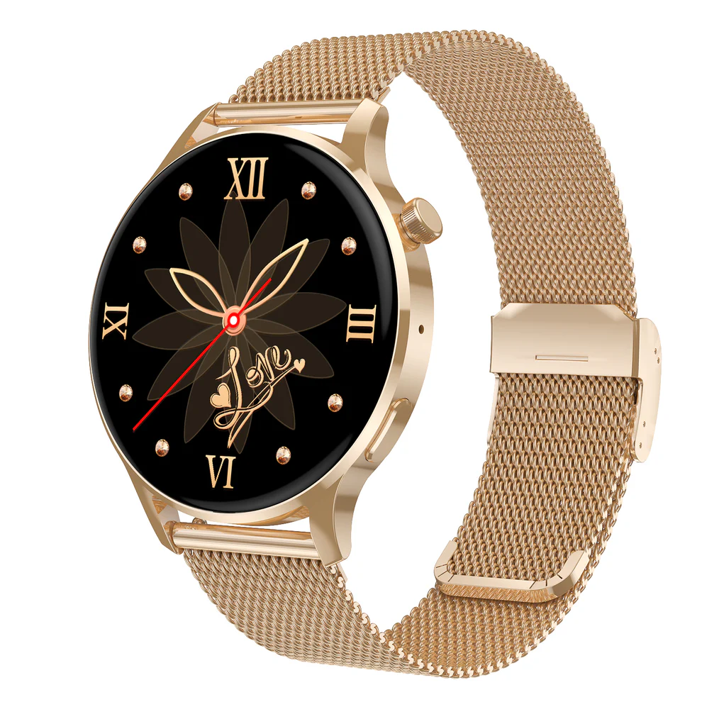 Fitlybuy Kexi-Life Watch 3 Pro: gold smartwatch with mesh band, black floral watch face, and health monitoring sensors.