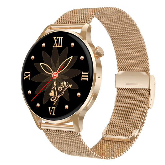 Fitlybuy Kexi-Life Watch 3 Pro: gold smartwatch with mesh band, black floral watch face, and health monitoring sensors.