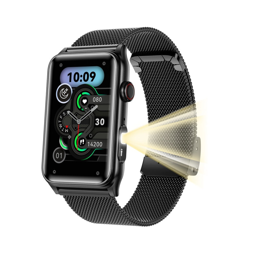 Fitlybuy Kexi-Life black smartwatch with mesh band, digital display, health monitoring, and a built-in side flashlight.