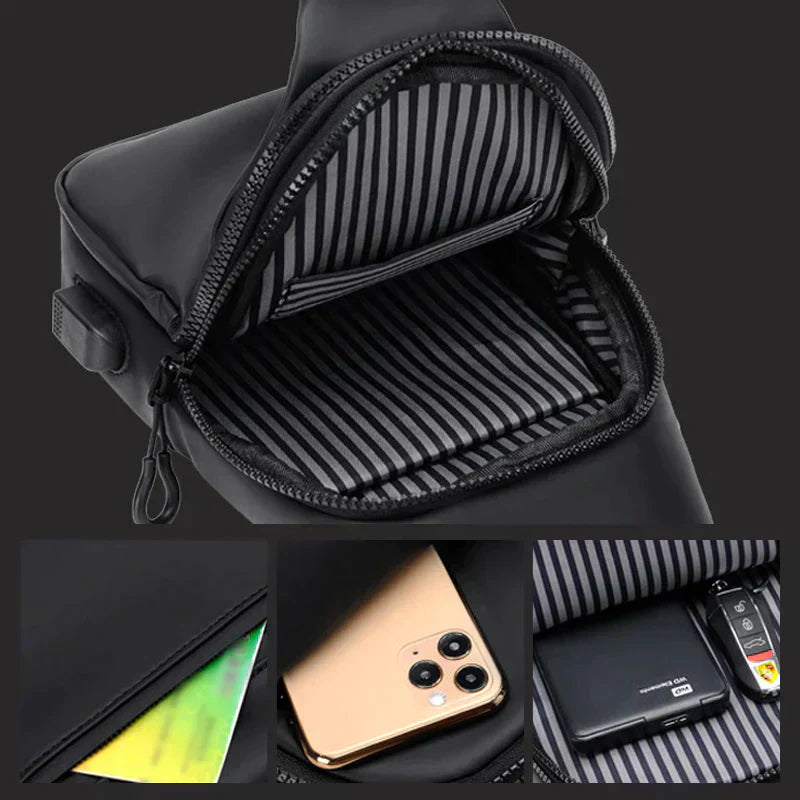 Fitlybuy black waterproof anti-theft crossbody bag with striped interior, external port, and organized storage pockets.