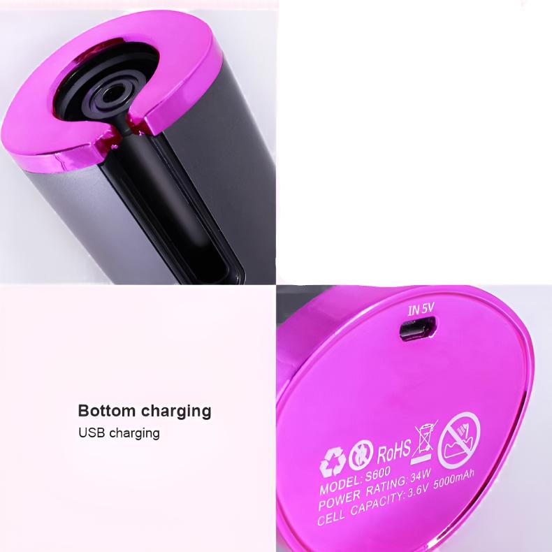 Fitlybuy Amara wireless automatic curling iron in black and pink with a USB charging port on the bottom base.