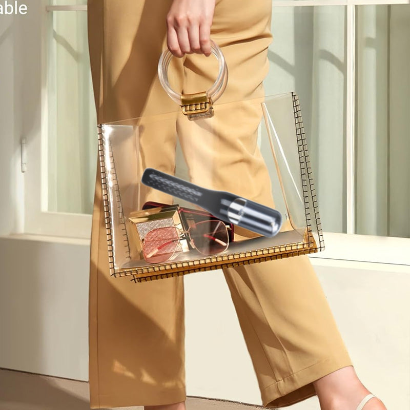 Fitlybuy black automatic split-end hair trimmer in a clear transparent handbag with accessories.
