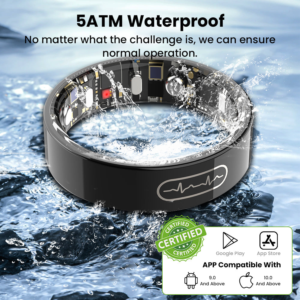 Fitlybuy Kexi-Life R09 black health smart ring featuring internal sensors, 5ATM waterproof, and EKG app compatibility.