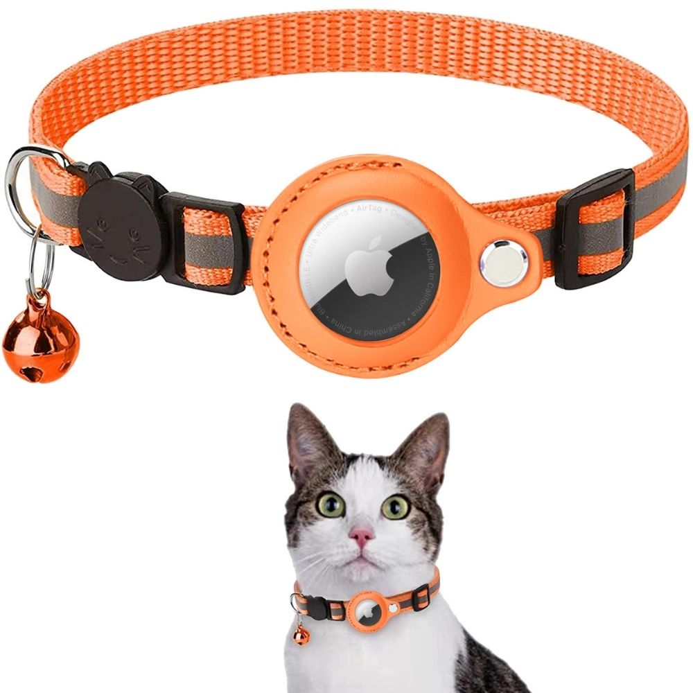 Orange reflective cat collar with AirTag holder, safety release, and bell, shown on a cat and as a product isolated.