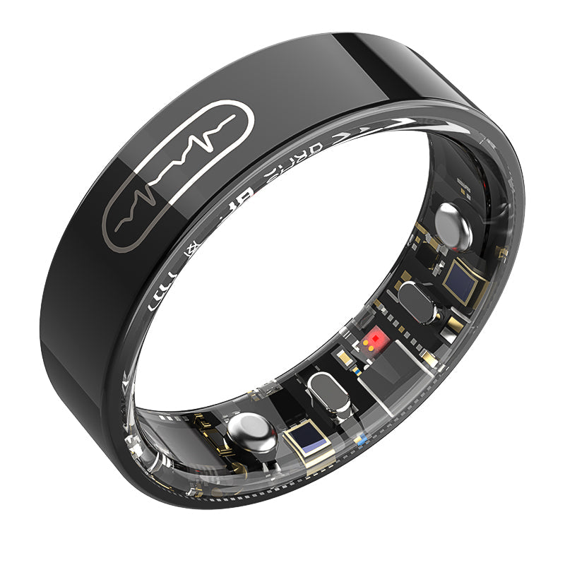 Black smart ring with ECG symbol, featuring visible internal health sensors and medical tracking technology.