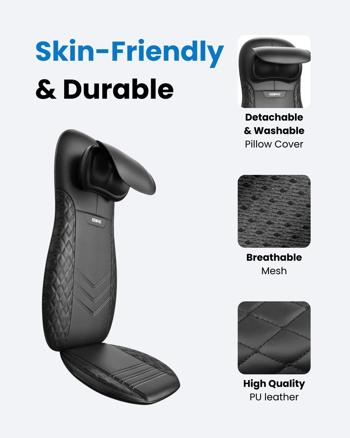 Black Fitlybuy shiatsu massage seat with detachable pillow, breathable mesh, and durable quilted PU leather design.