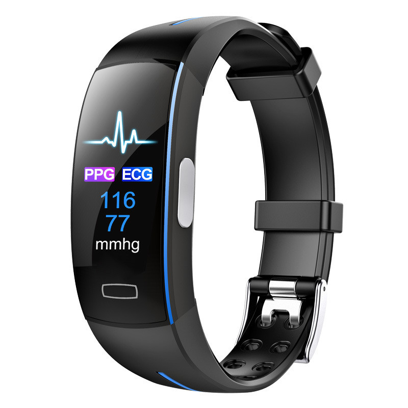 Fitlybuy SmartFit black Bluetooth watch showing PPG/ECG health stats on screen with a silicone band on white background.