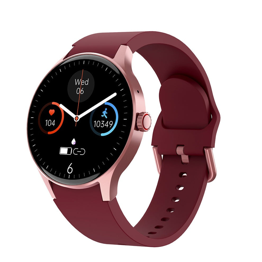 Fitlybuy Kexi-Life Watch 3 Pro: Round rose-gold smartwatch with maroon silicone band displaying health metrics.