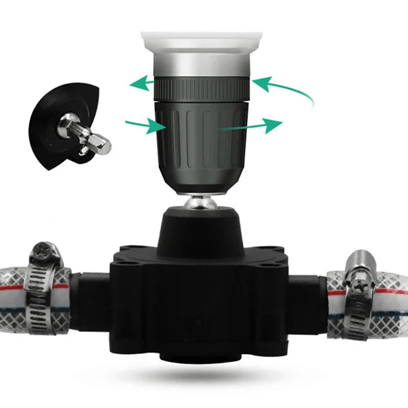 Fitlybuy black self-priming transfer pump with a drill-attachment shaft and hoses secured by metal clamps.