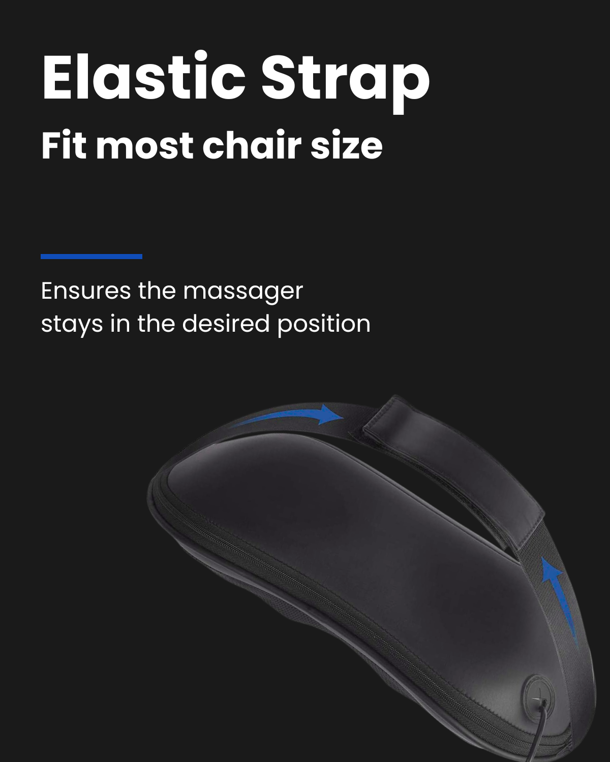 Black Fitlybuy RelaxMax massage pillow featuring an adjustable elastic strap for securing to chairs.