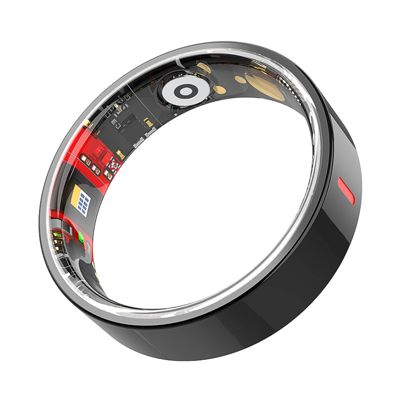 Fitlybuy Kexi-Life R03 smart ring: black exterior with visible internal sensors and biometric health tracking tech.