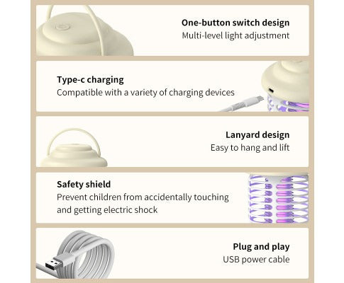 Fitlybuy cream-colored portable bug zapper featuring a safety grid, USB-C charging, hanging handle, and light settings.