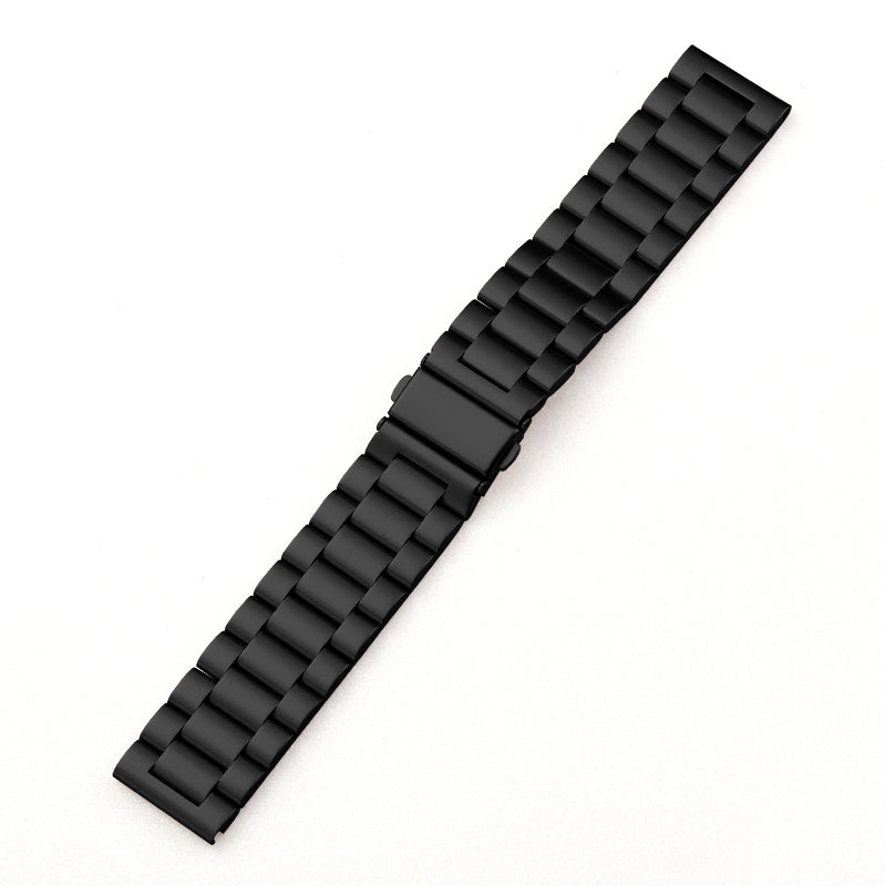 Black stainless steel metal watch band with a quick-release clasp on a plain white background.