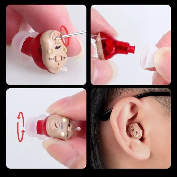 Fitlybuy red and beige in-ear hearing aid being adjusted and placed into an ear. Includes volume and power controls.