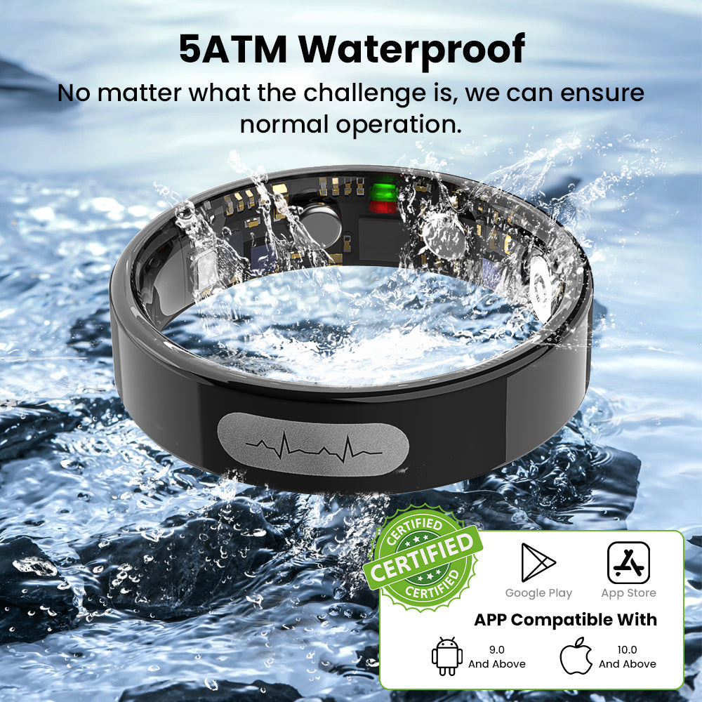Black Fitlybuy R08 smart ring with EKG sensor in water, highlighting 5ATM waterproof durability and app compatibility.