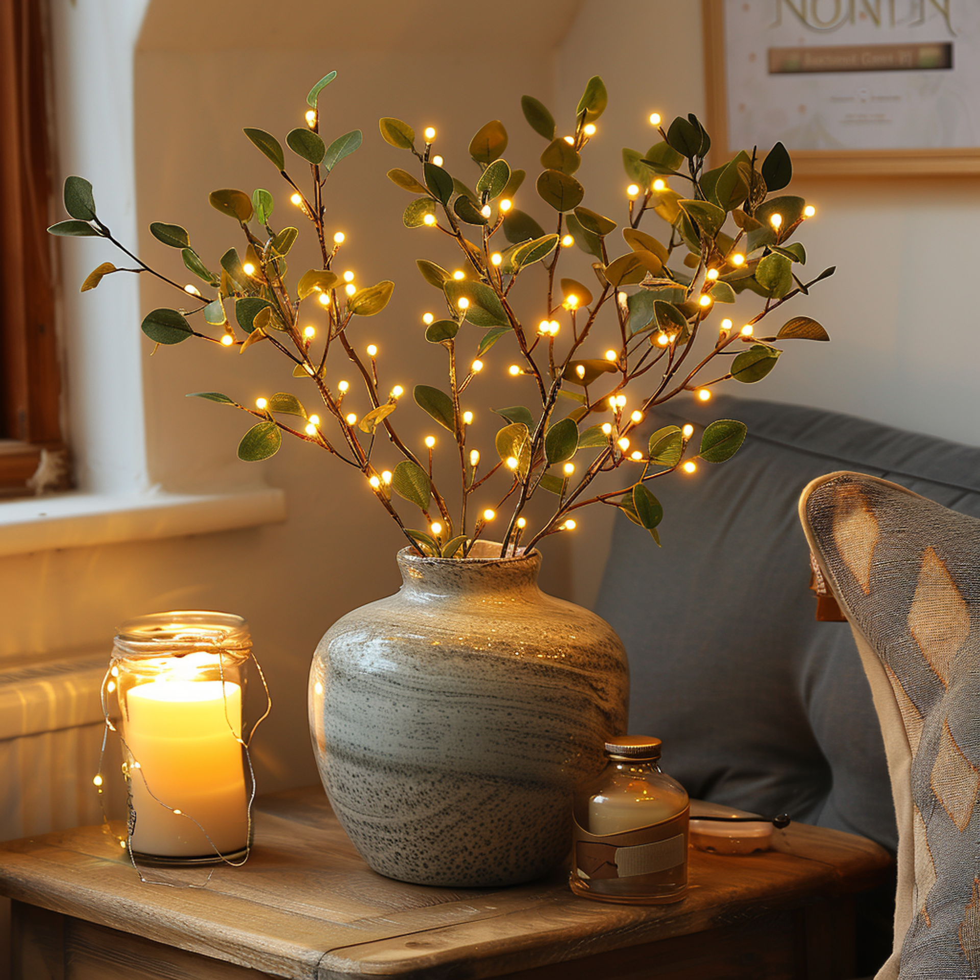 Fitlybuy LumiVista olive branch LED string light in a decorative vase on a table with candles.