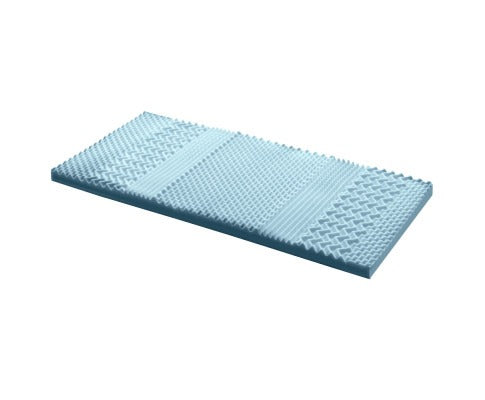 Blue Fitlybuy 7-zone memory foam mattress topper featuring diverse textured patterns for adaptive comfort.