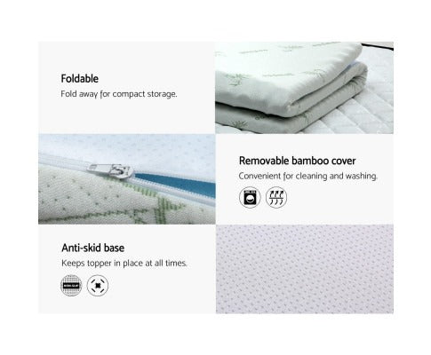 Fitlybuy memory foam mattress topper features a white bamboo cover, foldable design, zipper, and an anti-skid base.