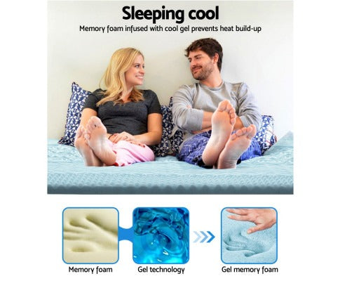 Couple on a blue 7-zone cooling gel memory foam mattress topper. Includes diagram showing gel-infused foam technology.