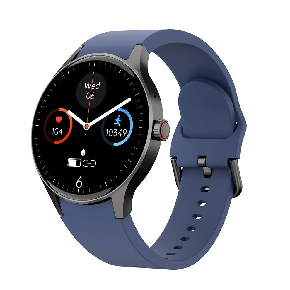 Fitlybuy Kexi-Life Watch 3 Pro with blue silicone strap, round black dial, and health tracking display on white background.