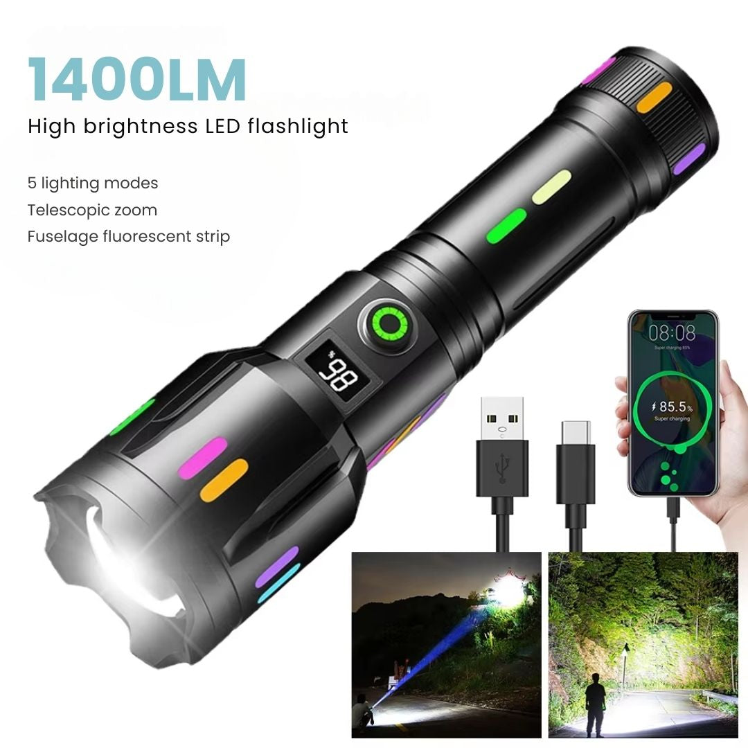 Fitlybuy TacticalPro 9000: Black 1400LM LED flashlight with digital battery display, fluorescent strips, and USB charging.