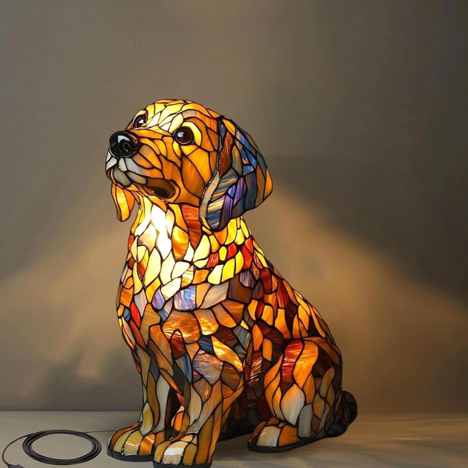 Stained-glass dog tribute lamp in amber tones with a glowing, handmade acrylic design and USB power cable.