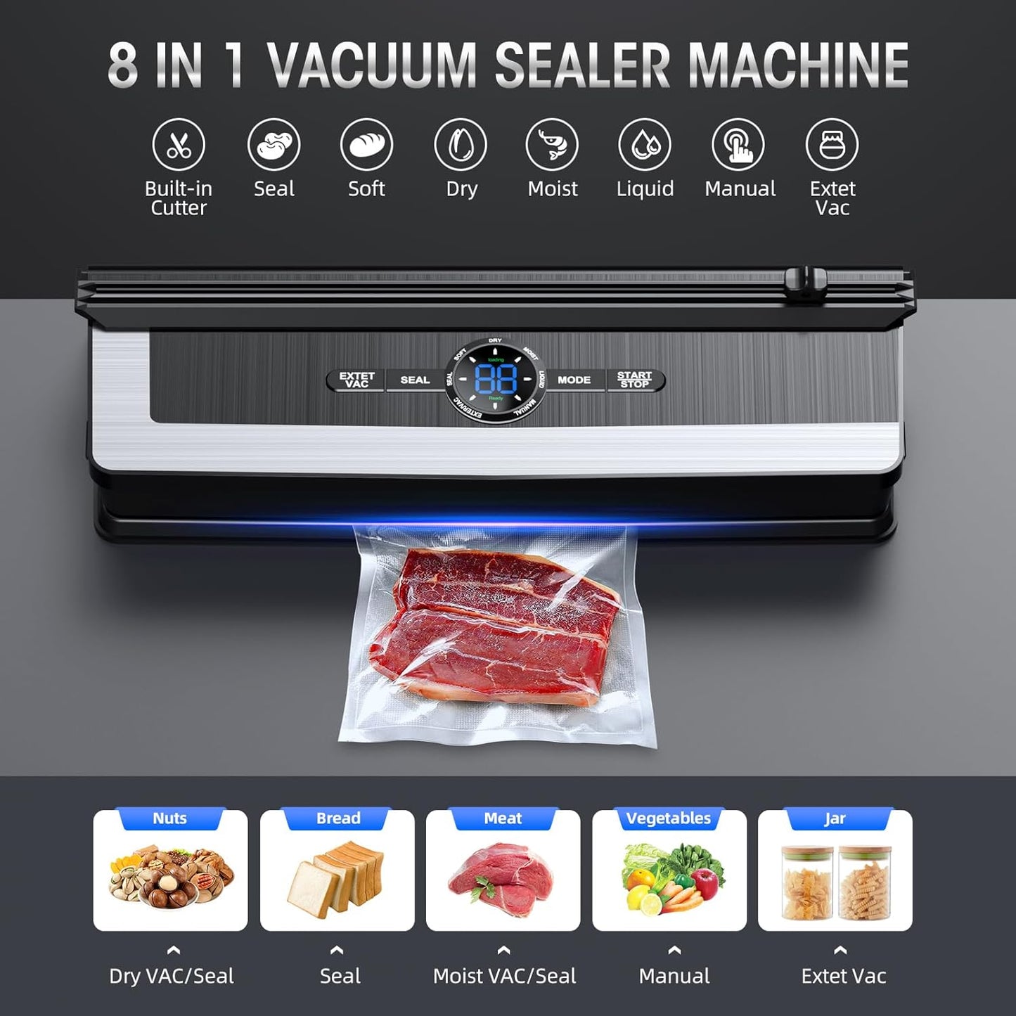 Fitlybuy 8-in-1 black and silver vacuum sealer with built-in cutter, digital display, and a sealed pouch of raw steak.